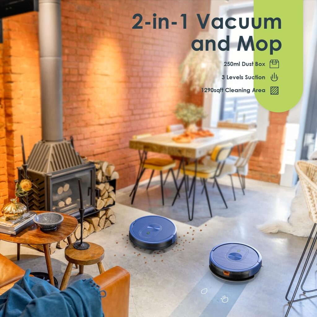 Robot Vacuum and Mop Combo, 3 in 1 Mopping Robotic Vacuum with Schedule, Robot Vacuum Cleaner App/Bluetooth/Alexa, 1600Pa Max Suction, Self-Charging, Slim, for Low Pile Carpet, Hard Floor, Pet Hair