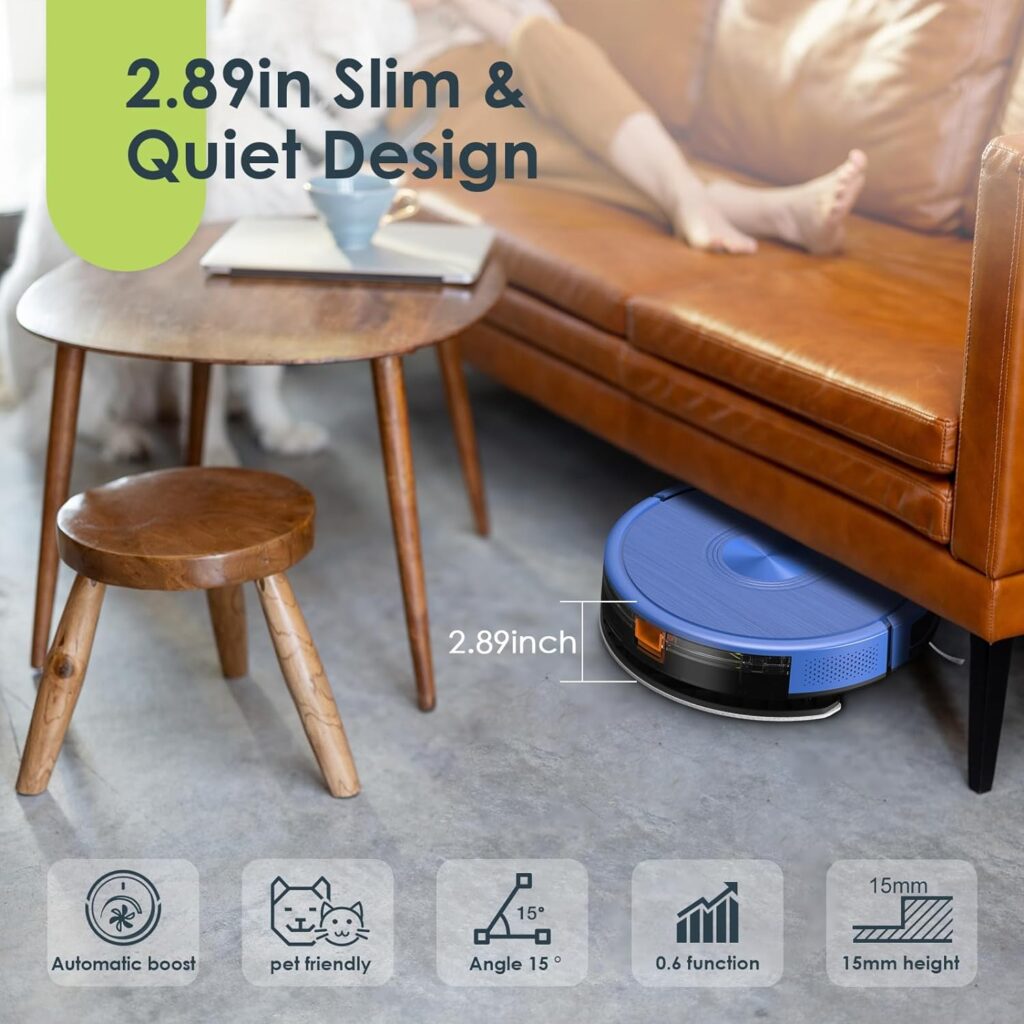 Robot Vacuum and Mop Combo, 3 in 1 Mopping Robotic Vacuum with Schedule, Robot Vacuum Cleaner App/Bluetooth/Alexa, 1600Pa Max Suction, Self-Charging, Slim, for Low Pile Carpet, Hard Floor, Pet Hair