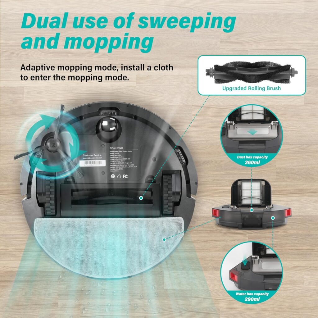 Robot Vacuum and Mop Combo, 4000pa Automatic Vacuum Cleaner Robot with Watertank and Dustbin, Self-Charging Smart Vacuum Robot Compatible with APP, Perfect for Pet Hair, Hard-Floor and Carpet