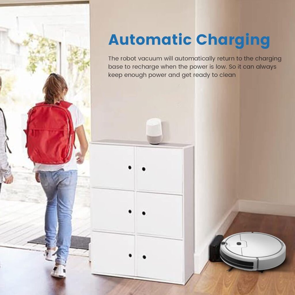 Robot Vacuum Cleaner, 1800Pa Powerful Suction Robotic Vacuum Cleaner,Automatic Self-Charging, Slim Anti-Drop Floor Sweeper Robot Vacuum Cleaner Tangle-Free Good for Pet Hair  Hard Floors,White