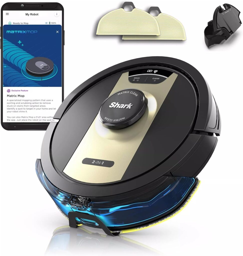 Shark RV2410WD IQ 2-in-1 Robot Vacuum  Mop with Matrix Clean  Sonic Mopping, Perfect for Pet Hair, Carpets, Hard Floors, Compatible with Alexa, Black/Gold, No Self-Empty Base (Renewed)