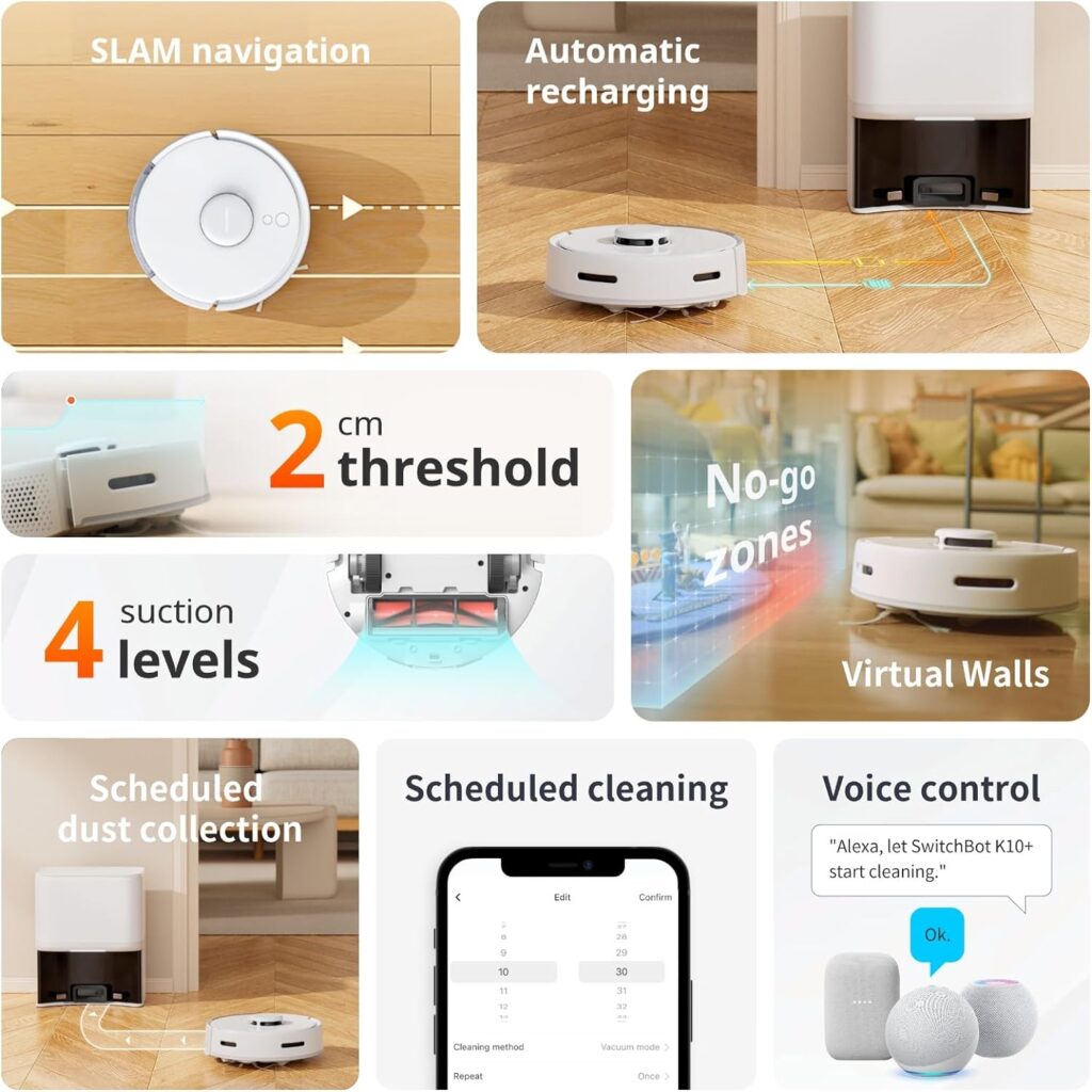 SwitchBot Mini Robot Vacuum K10+ with Self-Empty Base for 70-Day of Cleaning, LiDAR Navigation, Smart Mapping, 2500Pa Suction, 48dB Ultra Quiet, 150Mins Max, Compatible with Alexa, 2.4G WiFi Connected