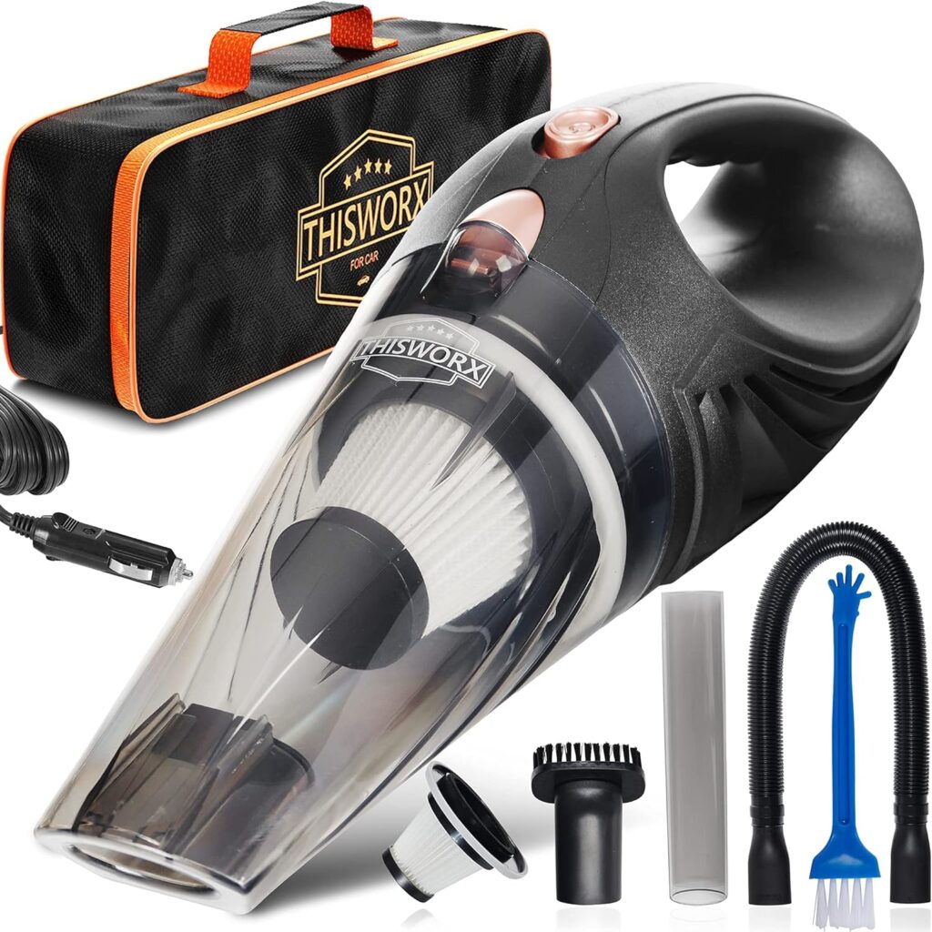 ThisWorx Car Vacuum Cleaner - Car Accessories - Small 12V High Power Handheld Portable Car Vacuum w/Attachments, 16 Ft Cord  Bag - Detailing Kit Essentials for Travel, RV Camper