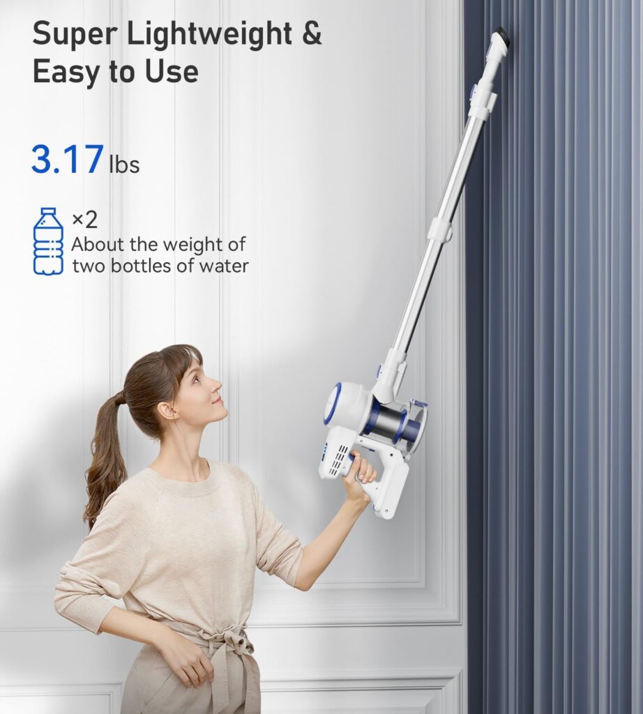 Tryseek Cordless Vacuum Cleaner, 26kPa Powerful Stick Vacuum 6 in 1, Rechargeable Battery Max 45 Mins Runtime, Lightweight  Quiet Vacuum Cleaner for Hardwood Floor Low-Pile Carpet Pet Hair, White