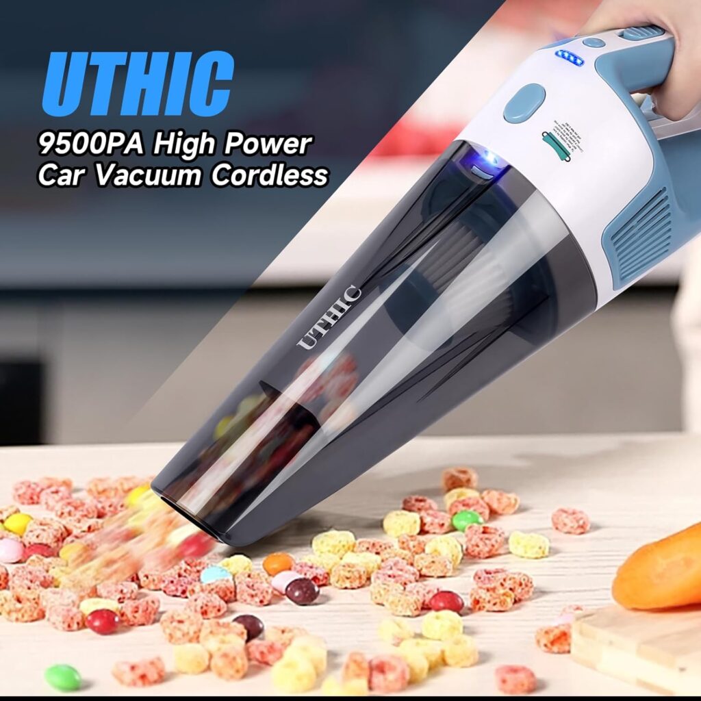 UTHIC 9500PA Hand Held Vacuuming Cordless Rechargeable Car Vacuum Cordless with Charging Dock，Handheld Vacuum Cordless Cleaner, Small Hand Vacuum with LED, 2 Washable Filters  Large Dirt Bowl