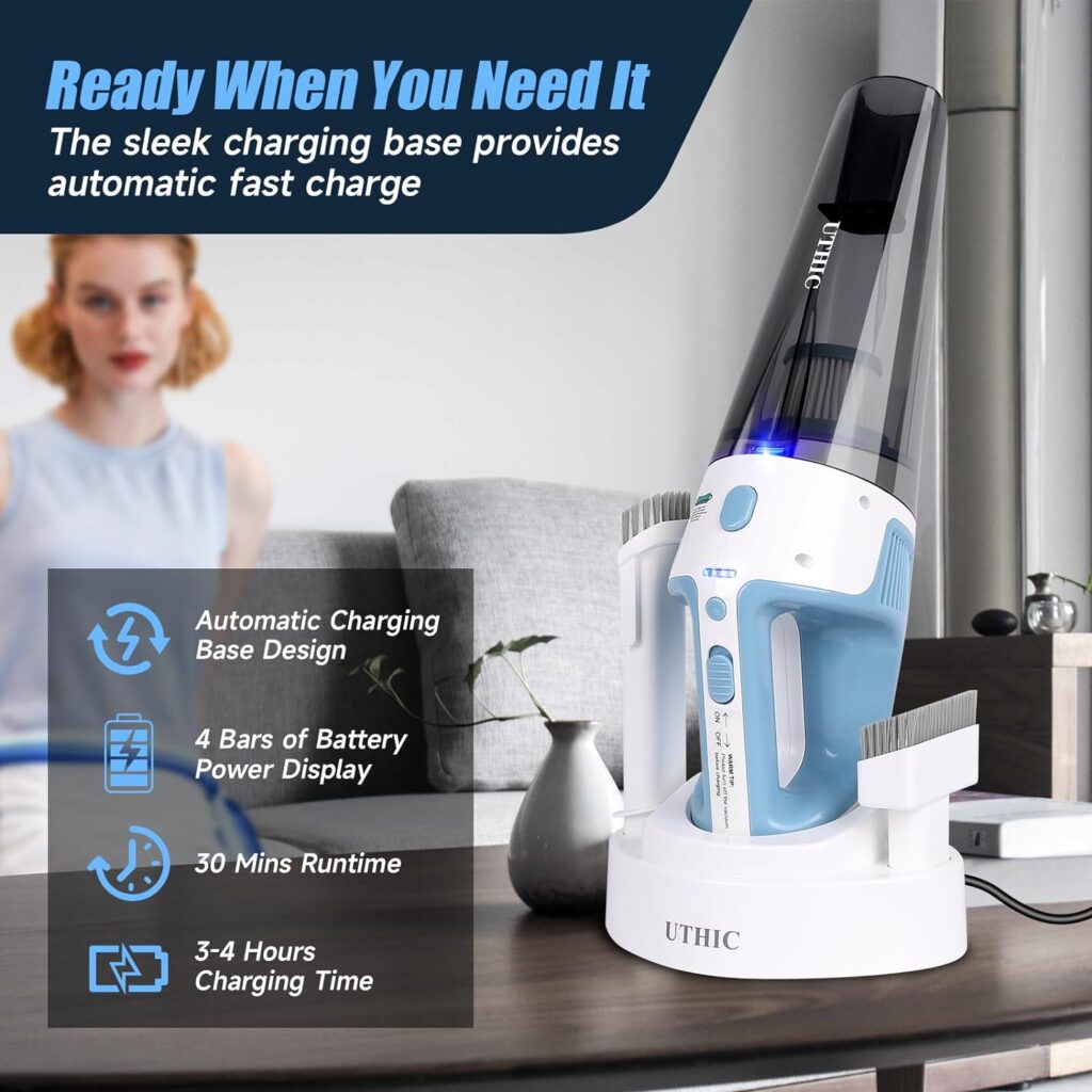 UTHIC 9500PA Hand Held Vacuuming Cordless Rechargeable Car Vacuum Cordless with Charging Dock，Handheld Vacuum Cordless Cleaner, Small Hand Vacuum with LED, 2 Washable Filters  Large Dirt Bowl