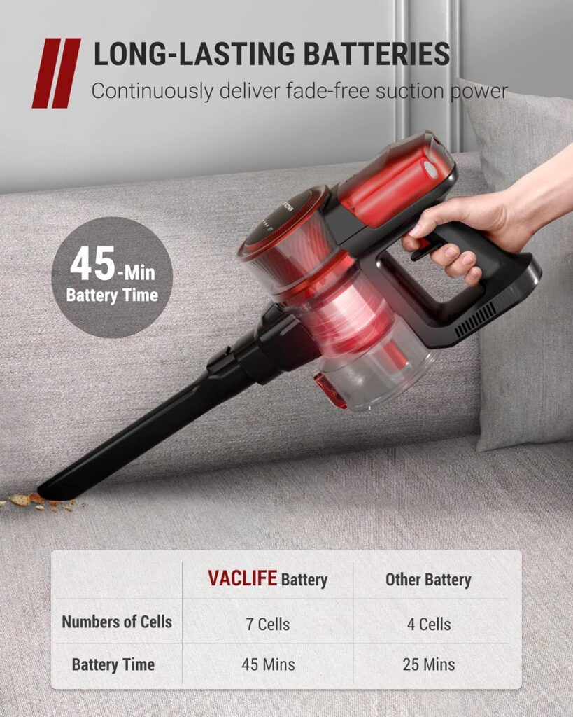 VacLife Cordless Vacuum Cleaner for Home, Rechargeable Stick Vacuum with Strong Suction for Pet Hair, Carpet and Hard Floor, 45-min Max Runtime, Black (VL732)