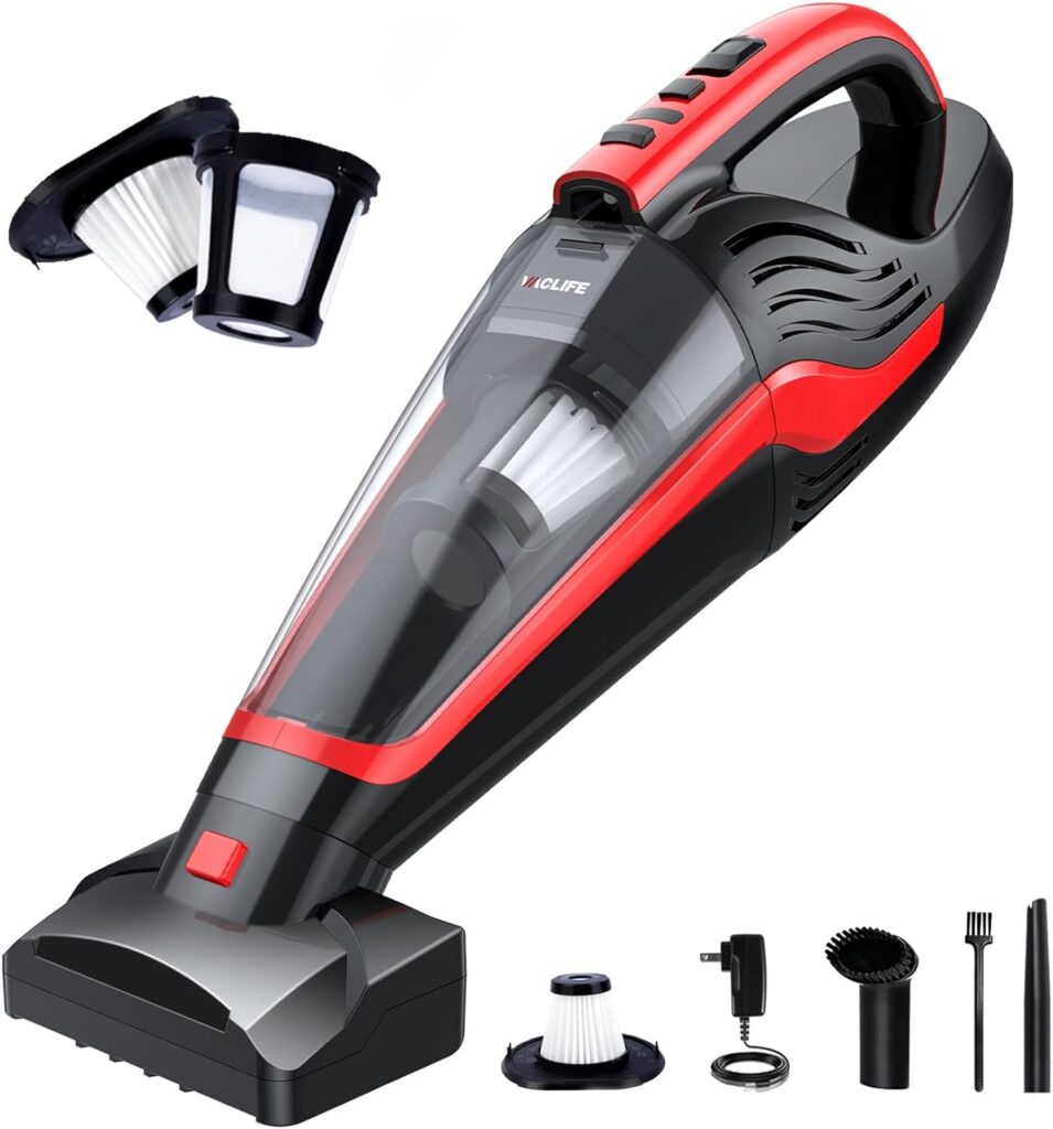 VacLife Handheld Vacuum for Pet Hair - Car Vacuum Cleaner Cordless Rechargeable, Hand Held Vacuum with Reusable Filter  LED Light, Powerful Stair Vacuum with Motorized Brush, Red (VL726)