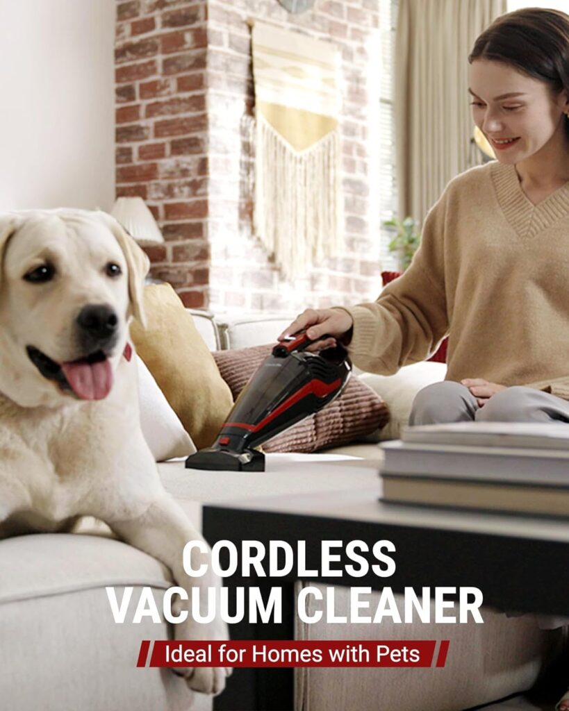 VacLife Handheld Vacuum for Pet Hair - Car Vacuum Cleaner Cordless Rechargeable, Hand Held Vacuum with Reusable Filter  LED Light, Powerful Stair Vacuum with Motorized Brush, Red (VL726)