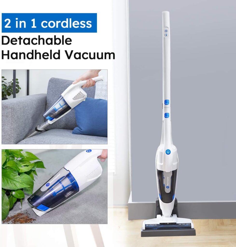 Vacmaster VSD1801 Cordless Handheld  Stick Vacuum Cleaner 2 in 1, Rechargeable Li-ion Battery Powerful Lightweight for Hardwood Floor, Carpet and Pet Hair White