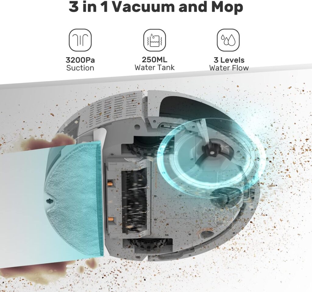 Verefa Robot Vacuum Self Emptying and Mop Combo, 150mins Runtime, 53dB Quiet Cleaning, 3200Pa Suction, Self-Charging and Resume, Compatible with Alexa, Ideal for Hard Floors, Carpets