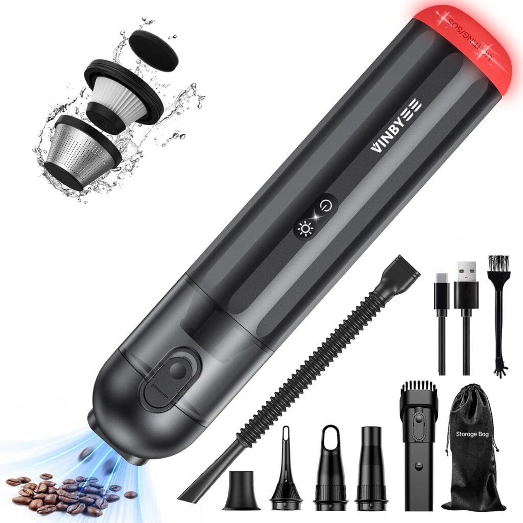 VINBYEE Handheld Vacuum Cordless 16000pa, Mini Vacuum Cleaner with LED and SOS Light, Strong Suction Car Vacuum Cleaner, Portable Hand Vacuum Cleaner for Car, Home and Office