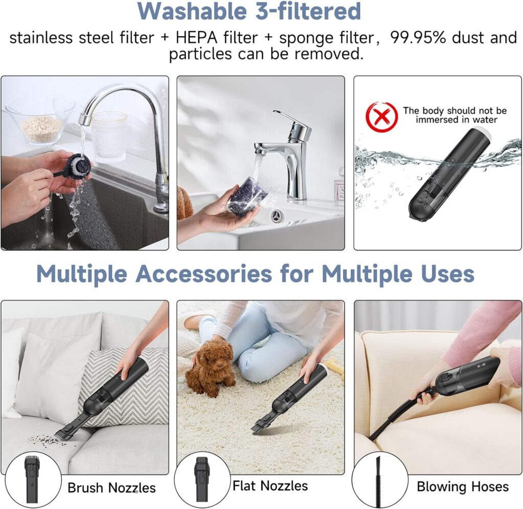 VINBYEE Handheld Vacuum Cordless 16000pa, Mini Vacuum Cleaner with LED and SOS Light, Strong Suction Car Vacuum Cleaner, Portable Hand Vacuum Cleaner for Car, Home and Office