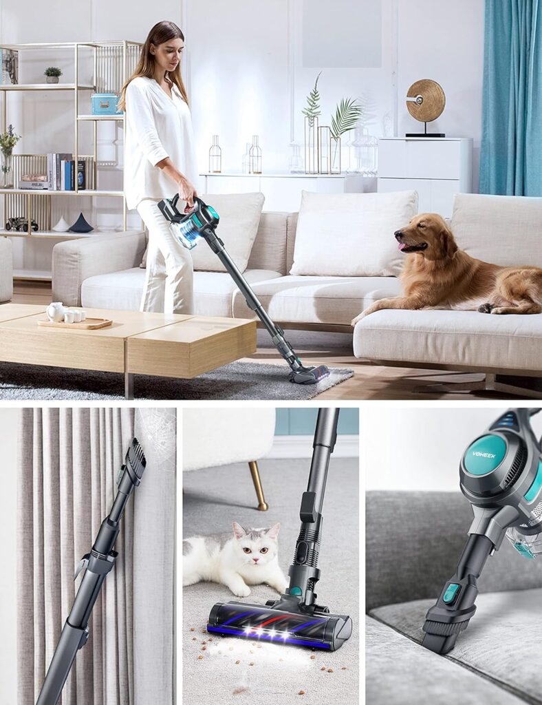 Voweek Cordless Vacuum Cleaner, Lightweight Stick Vacuum Cleaner with Powerful Suction, Detachable Battery, LED Brush, 1.3L Dust Cup, 4 in 1 Handheld Vacuum for Home Hard Floor Carpet Pet Hair