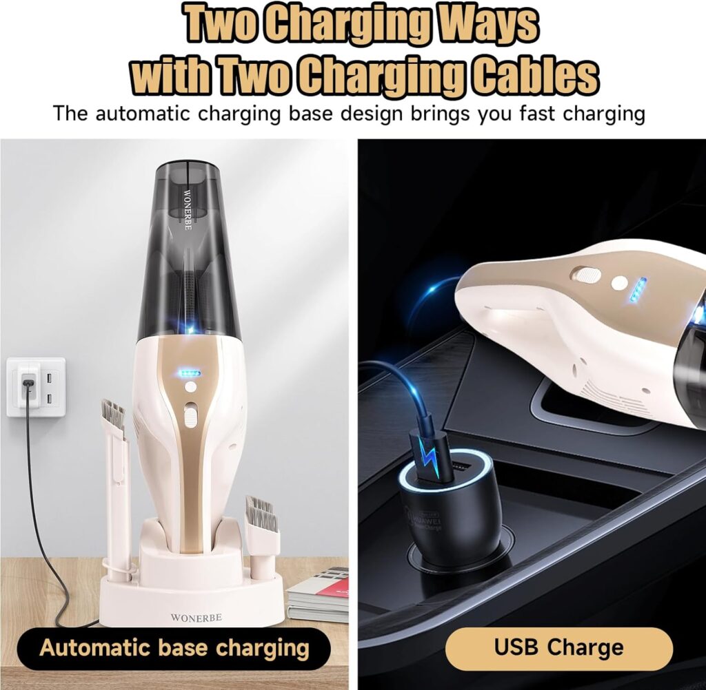 WONERBE Handheld Vacuum,Car Hand Vacuum Cleaner Cordless with Two Charging Cables,10000PA Hand Vacuum Small Portable Vacuums,Mini Rechargeable Vacuum Cleaner with 2 FiltersLED,Fast Charging Dock